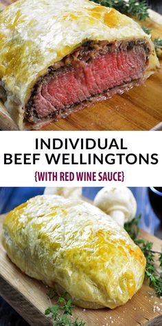 beef wellingtons with red wine sauce on a cutting board