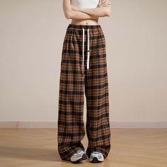 Fall/Winter Retro Hip-Hop Plaid Dance Pants  Material: 100%Cotton  Size: M, L, XL Color: Brown, Gray Waist Type: Mid-High Waist  Season: Spring, Fall, Winter   Occasion: Leisure, Outdoor, Daily, Vacation, Fall Outfits Winter Full-length Cotton Bottoms, Full-length Cotton Bottoms For Winter, Winter Cotton Full-length Bottoms, Winter Cotton Full Length Bottoms, Cotton Full-length Bottoms For Winter, Baggy Sweatpants For Fall, Baggy Sweatpants Trousers For Fall, Winter Wide Leg Relaxed Fit Bottoms, Wide Leg Relaxed Fit Bottoms For Winter