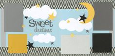 a blue and yellow wallpaper with clouds, stars and the words sweet dreams on it