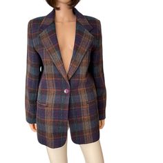 Nwot Savanna Purple Gold Green Plaid Wool Blazer, Button Closure, Lined, Front Pockets, Light Shoulder Pads, Size 14, See Photos For Detailing, Excellent Condition Measurements Length 30” Shoulder/Shoulder 17” Sleeve 25” Bust 21 1/2” Measured Flat, No Trade, Smoke And Pet Free Environment L Purple Single Breasted Office Blazer, Purple Formal Blazer With Button Closure, Elegant Purple Blazer With Button Closure, Formal Purple Blazer With Buttons, Formal Purple Blazer, Purple Winter Blazer With Button Closure, Winter Purple Blazer With Button Closure, Purple Buttoned Workwear Outerwear, Purple Buttoned Outerwear For Work