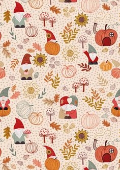 an autumn pattern with gnomes and pumpkins