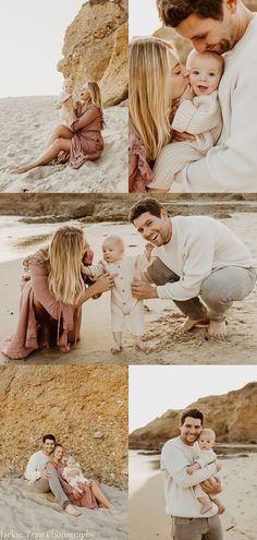 a man and woman are holding their baby on the beach