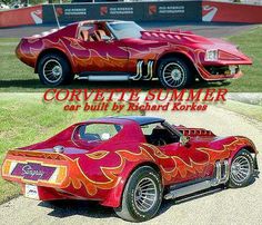 two cars with flames painted on them are parked in front of a sign that says corvette summer car built by richard koresss