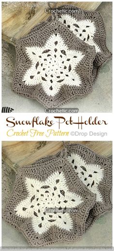 crochet snowflake potholder is shown in two different colors and sizes