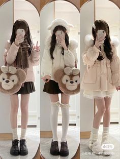 Girly Korean Outfits Winter, Cute Winter Outfits Douyin, Korean Kawaii Outfits, Aesthetic Cute Outfits Korean, Winter Fashion Coquette, Coquette Outfit Korean, Coquette Outfits For Winter, Kawaii Korean Outfits