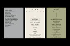 three different colored menus with black and white text on the front, green and gray back