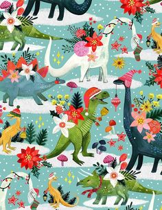 an image of dinosaurs and flowers on a blue background