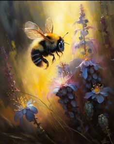 a painting of a bee flying in the air over flowers and plants with yellow light coming from behind it