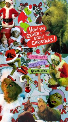 a collage of christmas pictures with the grinch and other characters on it's side