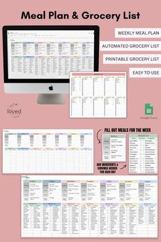 the meal plan and grocery list is displayed on a pink background with text overlay