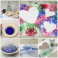 collage of pictures with hearts and paint on them, including paper plates, bowls, spoons and cups