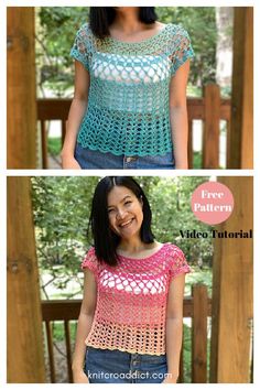 two pictures of a woman wearing a crochet top