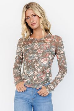 Jaynie Sheer Top | Olive Floral Asymmetrical Shirt, Floral Long Sleeve Shirt, Mesh Material, Sheer Top, Cup Size, Fall Winter Outfits, High Neckline, Say Hello, Olive Green