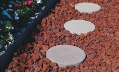 two stepping stones on top of red rocks in a flower bed with pink flowers behind them