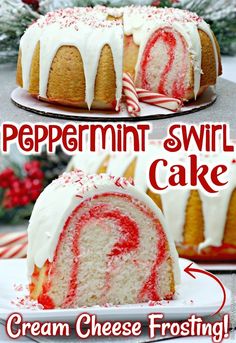 peppermint swirl cake with cream cheese frosting on the top and bottom layer