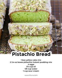 pistachio bread is shown on a cooling rack with instructions for how to make it