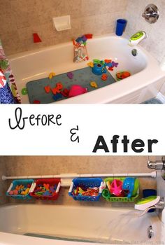 before and after photos of a bathtub with toys on the tub trays in it