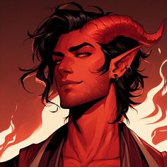 an illustration of a man with long hair and horns on his head, wearing a red shirt