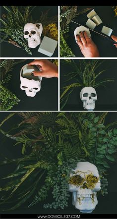 the process for making skulls is shown in four different pictures, including one being used to decorate