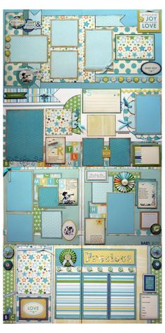 a collage of scrapbook pages with blue and green accents