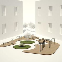 an artistic rendering of a playground with swings and benches