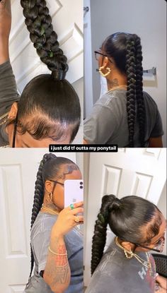 Braid Pony Tailed Hairstyle Black Women, Slick Braid Black Women, Braided Weave Ponytail For Black Women, 2 Braids In 1 Ponytail, Sleek Ponytail With 2 Braids, Braided Ponytail With Scrunchie, High Two Braided Ponytail, Slick Back Braided Ponytail Weave High, Slick Ponytail Braiding Hair