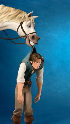 a man standing next to a white horse on top of a blue background in the shape of a pony