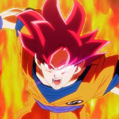 an anime character with red hair and blue eyes in front of a blazing fire background