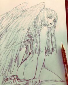 a pencil drawing of an angel sitting on the ground