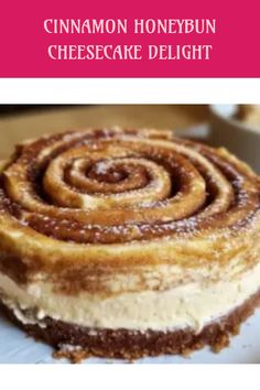 cinnamon honey bun cheesecake delight on a white plate with pink border around the edges