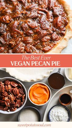 vegan pecan pie Vegan Pecan Pie Recipe, Vegan Holiday Desserts, Sweet Potato Puree, Vegan Pecan Pie, Vegan Pecan, Thanksgiving Breakfast, Pecan Pie Filling, Dessert Vegan