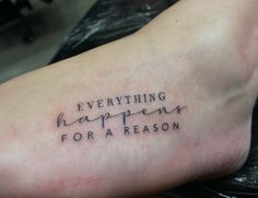 "Everything Happens For A Reason" Fine Line Lettering & Script Tattoo By Rene Cristobal. Inspiration and reassuring at the same time... This is a poplar Southern American Phrase. Rene comes to us from Vision Tattoo Studio in Concepcion, Chile. He is available for booking on September 11th, 2023. Call 404-973-7828 or stop by for a free consultation. Walk Ins are welcome. Fine Line Quote Tattoo, Fine Line Lettering, Rib Tattoos For Women Quotes, God Quotes Tattoos, Vision Tattoo, Quote Tattoo Ideas, Rib Tattoos For Women, Phrase Tattoos, Script Tattoo