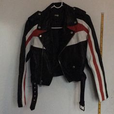 Beautiful Supple Leather In Lovely Condition (The Only Noticeable Wear Is The Fact That The Leather Is Not Stiff), With White And Red Stripe Details. I Would Not Sell This But When I Was Given This It Didn’t Fit Me And Definitely Won’t Now. Fits A 36 At The Biggest. Black And Red Leather Jacket, White Leather Jacket, Drawings Simple, Leather Motorcycle Jacket, Red Stripe, White And Red, Red Jacket, Leather Jackets, White Leather