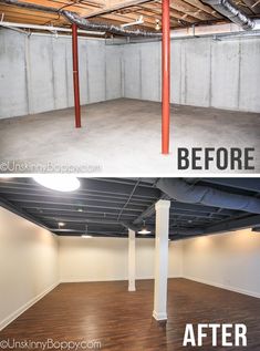 before and after pictures of an unfinished basement