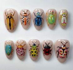 Funky Acrylic Nails Art Ideas, Nail Inspo Press On, Bug Nail Art Designs, Bugs Nail Art, Nails With Bugs, Bug Nails Acrylic, Bug Nail Designs, Bug Nails Art, Slug Nails