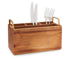 wooden utensil holder with forks and knives in it