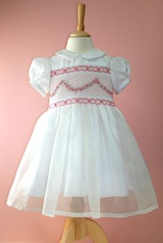 Hand Smocked Silk Organza White Party Dress With Rose - Etsy Cotton Party Dress, Organza Overlay, White Party Dress, Hand Smocked Dress, Special Dress, Garden Party Dress, Hand Smock, White Dress Party, Special Dresses