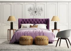 a bedroom with white walls, purple bedding and two stools in front of the bed