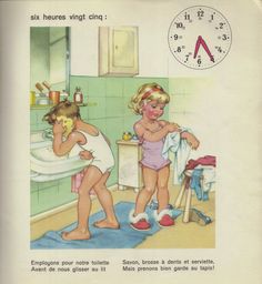 an old children's book shows two girls in the bathroom, one brushing her teeth