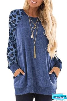 Leopard Long Sleeve Round Neck Cotton-blend Top Boho Long Sleeve Shirt, Pocket Tee Shirts, Pullover Mode, Casual Tops For Women, T Shirt Women, Casual Pullover, Pullover Sweatshirts, Look Chic, Long Sleeve Casual