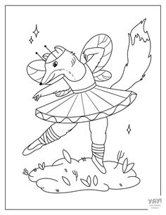 a coloring page with a cartoon character dressed as a fox and holding a ballerina