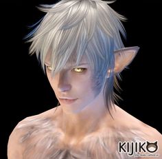 an animated image of a male elf with white hair and green eyes, looking at the camera