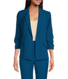 Skies Are Blue Notch Lapel Shirred 3/4 Sleeve Open Front Statement Blazer | Dillard's Spring 3/4 Sleeve Business Casual Blazer, Chic Formal Blazer With 3/4 Sleeves, Chic Office Blazer With 3/4 Sleeves, Spring Formal Blazer With 3/4 Sleeves, Fitted 3/4 Sleeve Blazer For Business Casual, Business Casual Blazer With 3/4 Sleeves For Fall, 3/4 Sleeve Blazer For Work In Fall, Fitted 3/4 Sleeve Blazer For Office Wear, 3/4 Sleeve Blazer For Fall Workwear