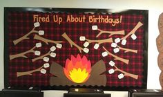 there is a fire up about birthday bulletin board on the wall in front of two speakers