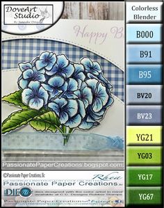 a card with blue flowers on it and the words happy birthday written in different colors