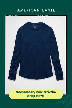 Super soft ribbed plush/Long sleeves/Crew neck Navy Long Sleeve Ribbed Top, Affordable Long Sleeve Solid Color T-shirt, Navy Long Sleeve T-shirt, Long Sleeve T-shirt With Ribbed Neckline And Stretch, Navy Long-sleeve Sweatshirt With Ribbed Collar, American Eagle Outfitters, American Eagle, Neck T Shirt, Women Jeans