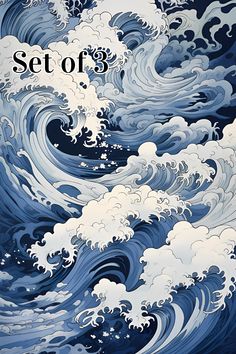 Set of 3 Japanese wave art prints, shown in a bedroom Blue Japanese Aesthetic, Wave Digital Art, Japanese Wave Art, Affordable Bedroom Decor, Denim Painting, Wave Artwork, Wave Nails, Japanese Wave, Japanese Waves