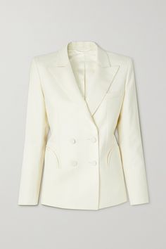 Every little detail on Blazé Milano's 'First Class Charmer' blazer is thoughtfully considered to ensure it both fits comfortably and is equally flattering, too. It's made from cream wool and has silk peak lapels and curved pockets that accentuate the nipped-in waist. Wear yours as part of a chic, tonal look. Long White Shirt, Jenna Lyons, Evening Skirts, Cream Blazer, Autumn Casual, Evening Jackets, Double Breasted Jacket, Double Breasted Blazer, Linen Blazer