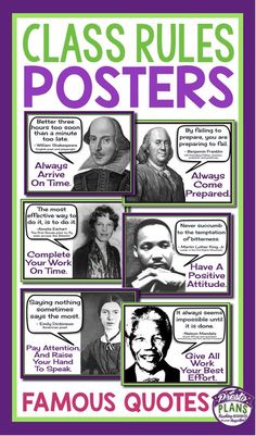 classroom rules posters with pictures of famous people and their names in purple, black and green