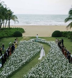 a bride and groom standing in the middle of a flowered lawn with palm trees